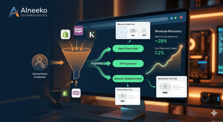 Screenshot of a computer monitor displaying an Alneeko Technologies e-commerce marketing dashboard showing a data funnel, customer segmentation for New Subscribers, VIP Customers, and Browse Abandonment, and key metrics like a 28% increase in recovered revenue and a 7.2% cart recovery rate. Integrations with Shopify, WooCommerce, and Klaviyo are visible